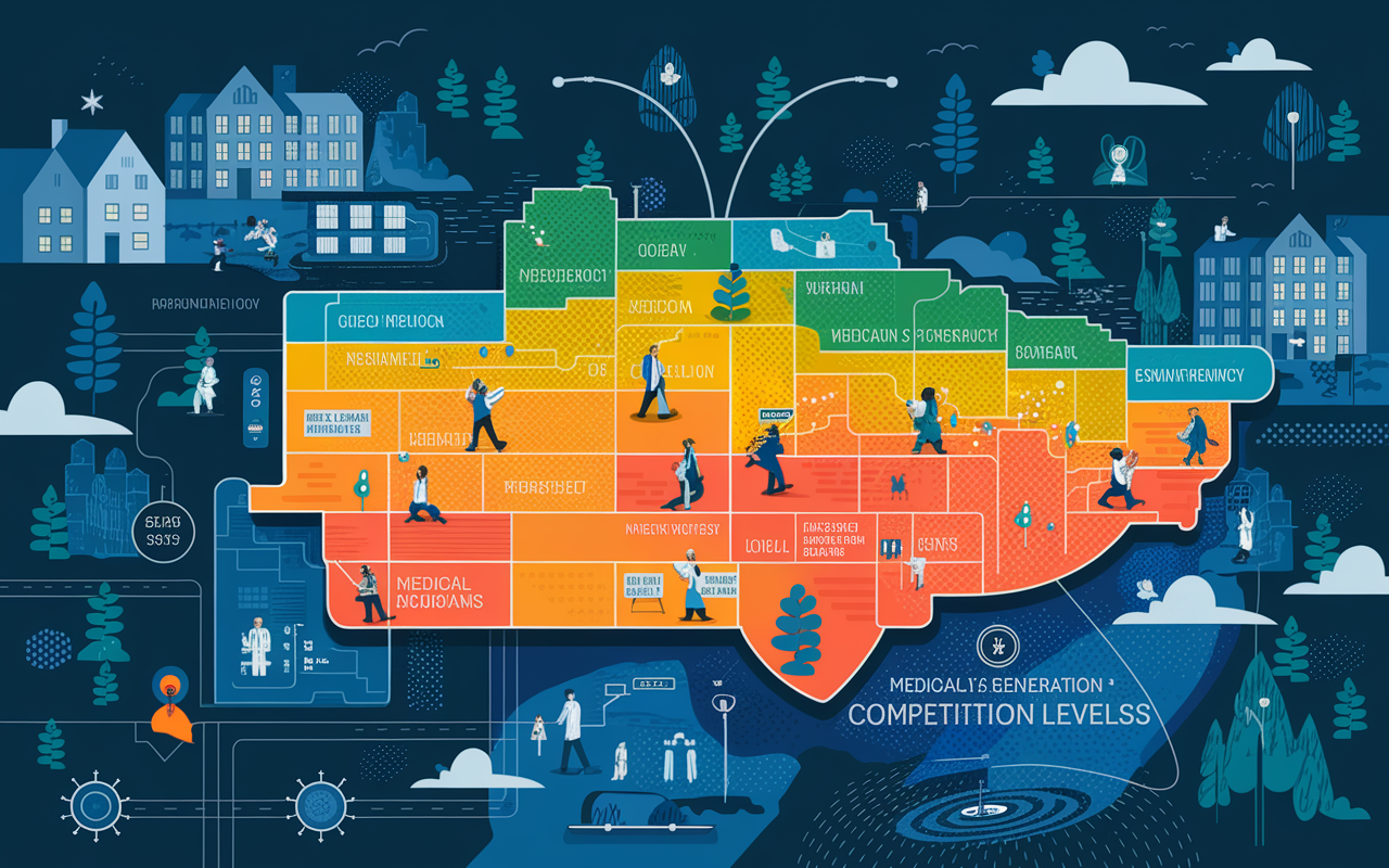 A detailed map highlighting rural and urban areas with medical residency programs, showing various colors indicating competition levels. The ambiance is dynamic, depicting movement with icons of medical students traveling between locations. Lines connect different regions, symbolizing potential applications and strategies. The scene captures the importance of geography and its influence on residency competitiveness.