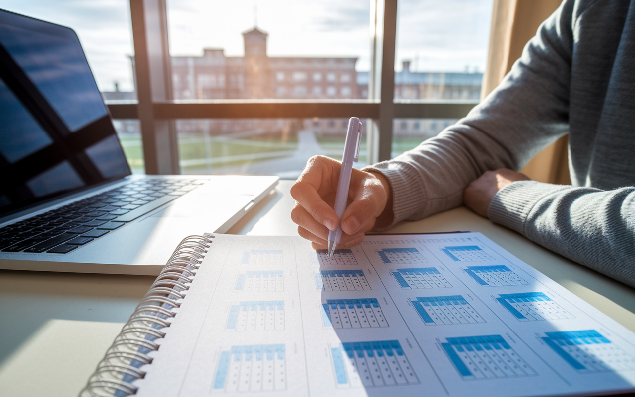 A thoughtful planner showcasing an organized strategy for applying to medical residency programs, filled with charts detailing competitive specialties. The image features a person happily crossing off applied programs, surrounded by a calm office atmosphere with a window view of a university campus. A warm glow of late afternoon sunlight casts through the window, reflecting optimism and determination.