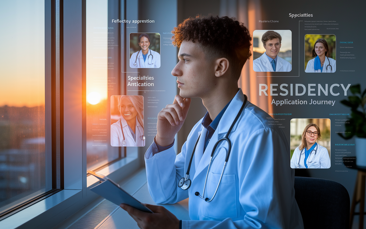 A contemplative medical student gazing out of a window at sunset, reflecting on their residency application journey. The scene symbolizes hope and anticipation for the future. The student is surrounded by various images of specialties and applications, with light from the setting sun casting a golden hue on their thoughtful expression. The overall mood is one of reflection, determination, and preparation for the next steps in their medical career.