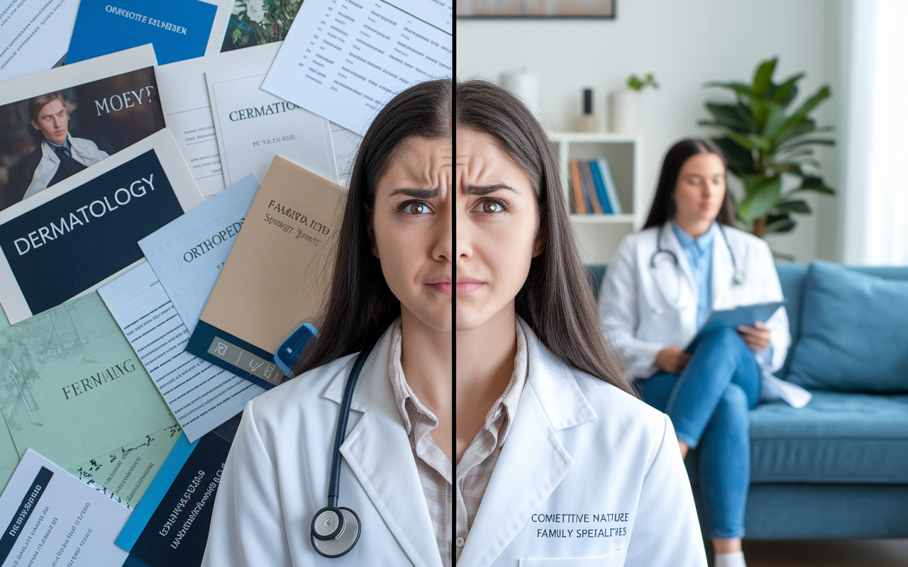 A split image showcasing two contrasting scenes: on one side, an anxious medical student surrounded by a plethora of application materials for competitive specialties like dermatology and orthopedic surgery, with expressions of worry; on the other side, a relaxed student applying for family medicine, with a serene environment and hopeful posture. The contrasting pressures highlight the competitive nature of different specialties.