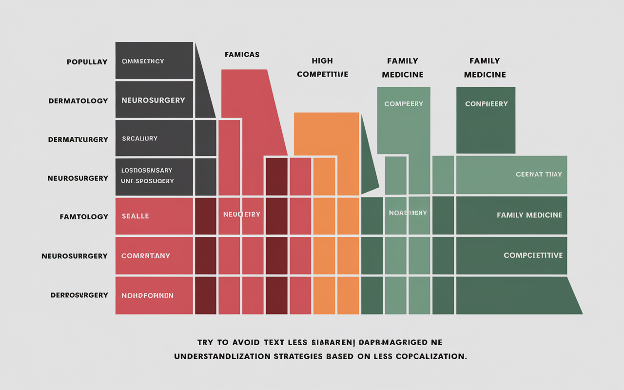 An informative graphic presentation showing a chart with different medical specialties arranged by competitiveness. Each specialty is color-coded, with popular options like dermatology and neurosurgery highlighted in red for high competition, and specialties like family medicine shown in green for being less competitive. This visual guide helps in understanding application strategies based on specialization.