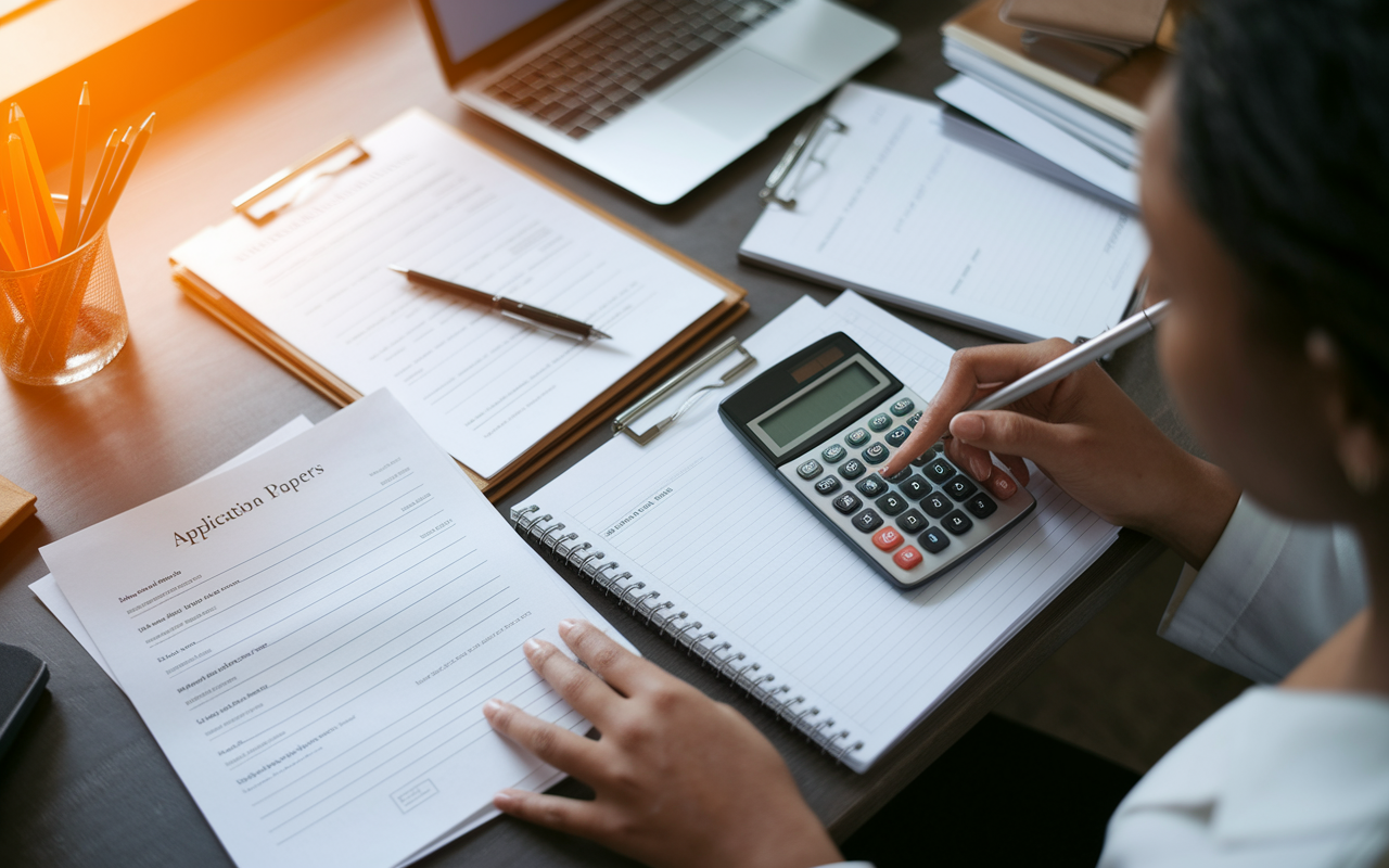 An overhead view of a desk cluttered with application papers, a calculator, and a budgeting notebook, indicating the financial planning involved in applying to residency programs. A student is seen calculating expenses with a focused expression, reflecting the balance between financial viability and application strategy. Warm lighting highlights the seriousness of the task.