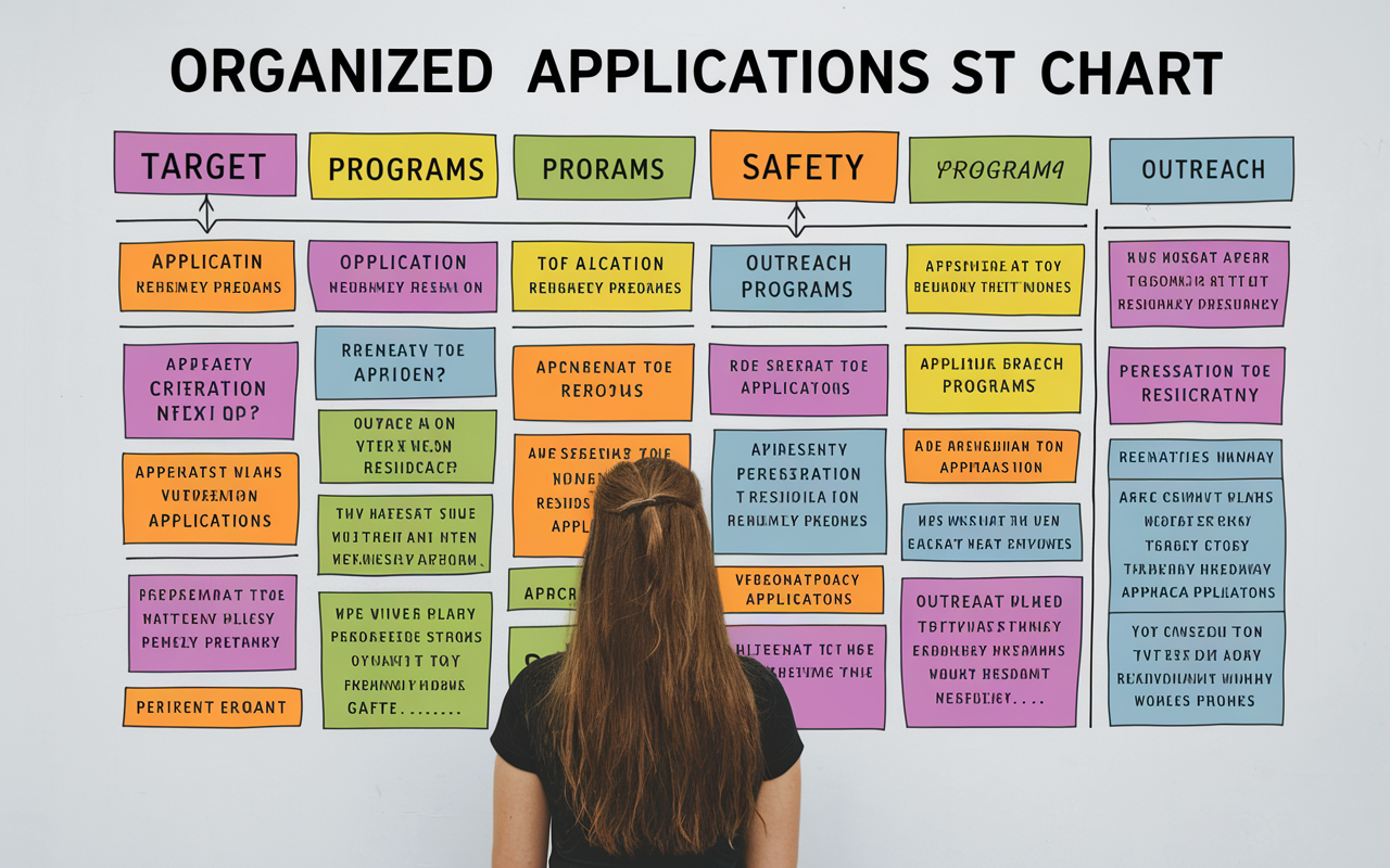 A visual representation of a student's organized application strategy chart on a whiteboard, with categories including 'Target Programs', 'Safety Programs', and 'Outreach Programs'. Color-coded sections are labeled with thoughtful notes like application criteria and personal interests, conveying an organized and strategic approach to residency applications.