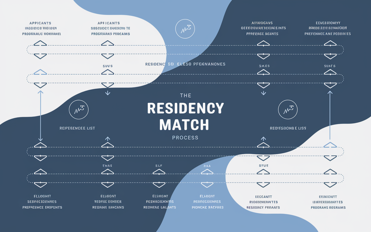 A detailed infographic depicting the residency match process, including flowcharts and rank order lists. The background is a soft gradient of blue and white, representing professionalism in the medical field. The chart shows applicants submitting preference lists and residency programs ranking applicants, with arrows illustrating matches. Elegant, clear typography conveys the steps in a visually engaging manner, making it suitable for educational purposes.