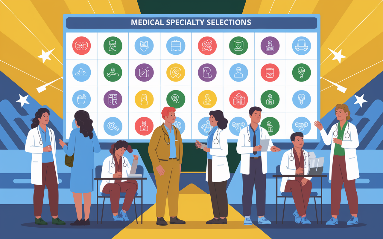 An artistic portrayal of medical specialty selections: a large board showcasing various specialties like dermatology, orthopedic surgery, and family medicine, with icons representing each area. The setting is a vibrant academic environment filled with students discussing and contemplating their choices. Bright lighting symbolizes opportunity and ambition, creating a motivational atmosphere.