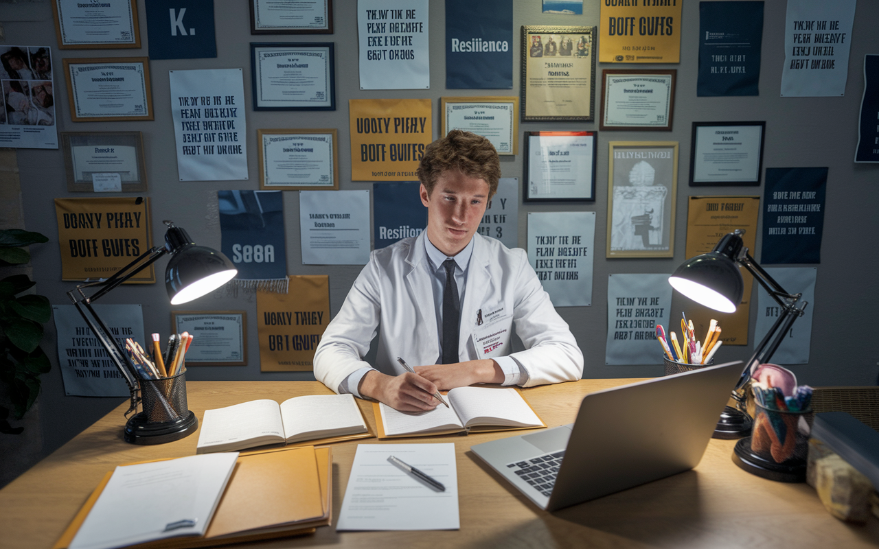 A determined medical student surrounded by a collage of academic achievements: A desk covered in certificates, recommendation letters, and a laptop showcasing a polished CV. The setting is a well-organized study space filled with motivational posters about resilience and success. The warm lighting adds an inspiring glow, highlighting the student as they prepare a personalized statement for their residency applications.