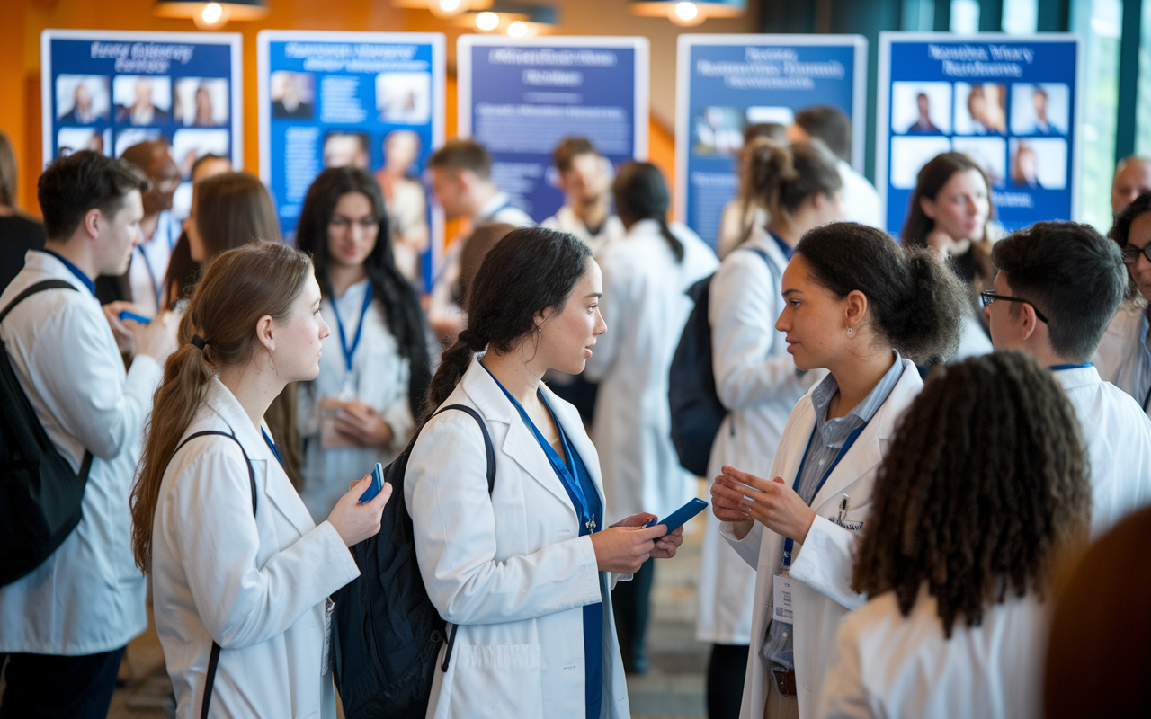 A group of medical students networking at an open house event for residency programs. The atmosphere is professional yet casual, with students conversing, exchanging business cards, and discussing insights with experienced residents. The venue is well-decorated, filled with posters showcasing residency highlights. The use of warm lighting and focused expressions conveys a sense of opportunity and community.