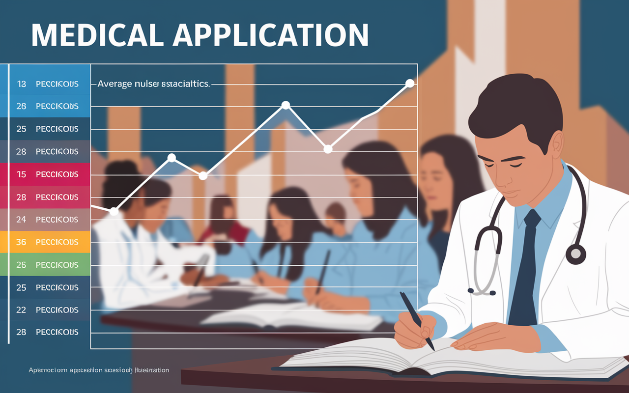 An informative chart overlaying medical application statistics. The chart highlights the average number of applications per specialty, with colors distinguishing between competitive (dermatology, plastic surgery) and primary care specialties. In the background, a blurred image of pre-med students engaged in study sessions on campus, showcasing a balance of academic pressure and aspirations.