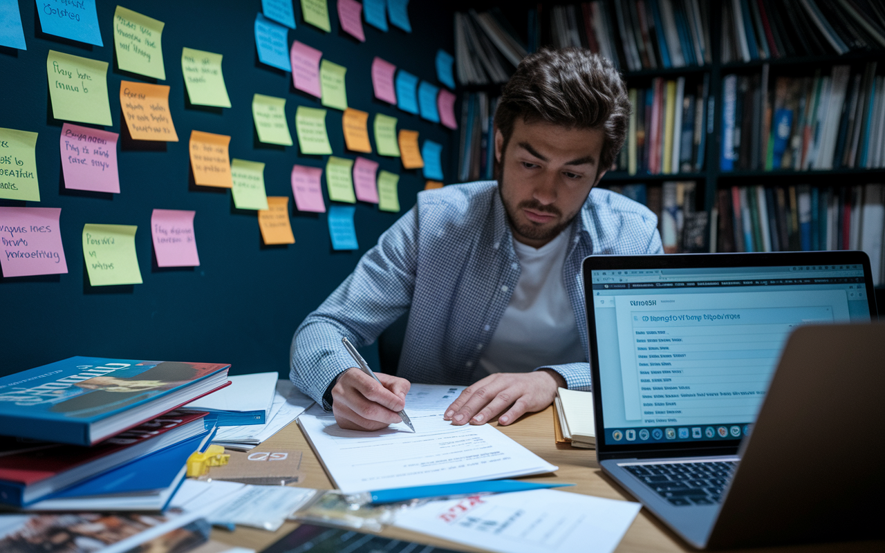 A focused student surrounded by an array of program brochures and scientific journals, diligently writing a list of potential residency programs. The dimly lit study is filled with scattered notes and sticky notes on the wall outlining pros and cons of different specialties. The student’s expression shows determination and concentration, with a laptop open to a program ranking website, conveying the weight of their decision-making.