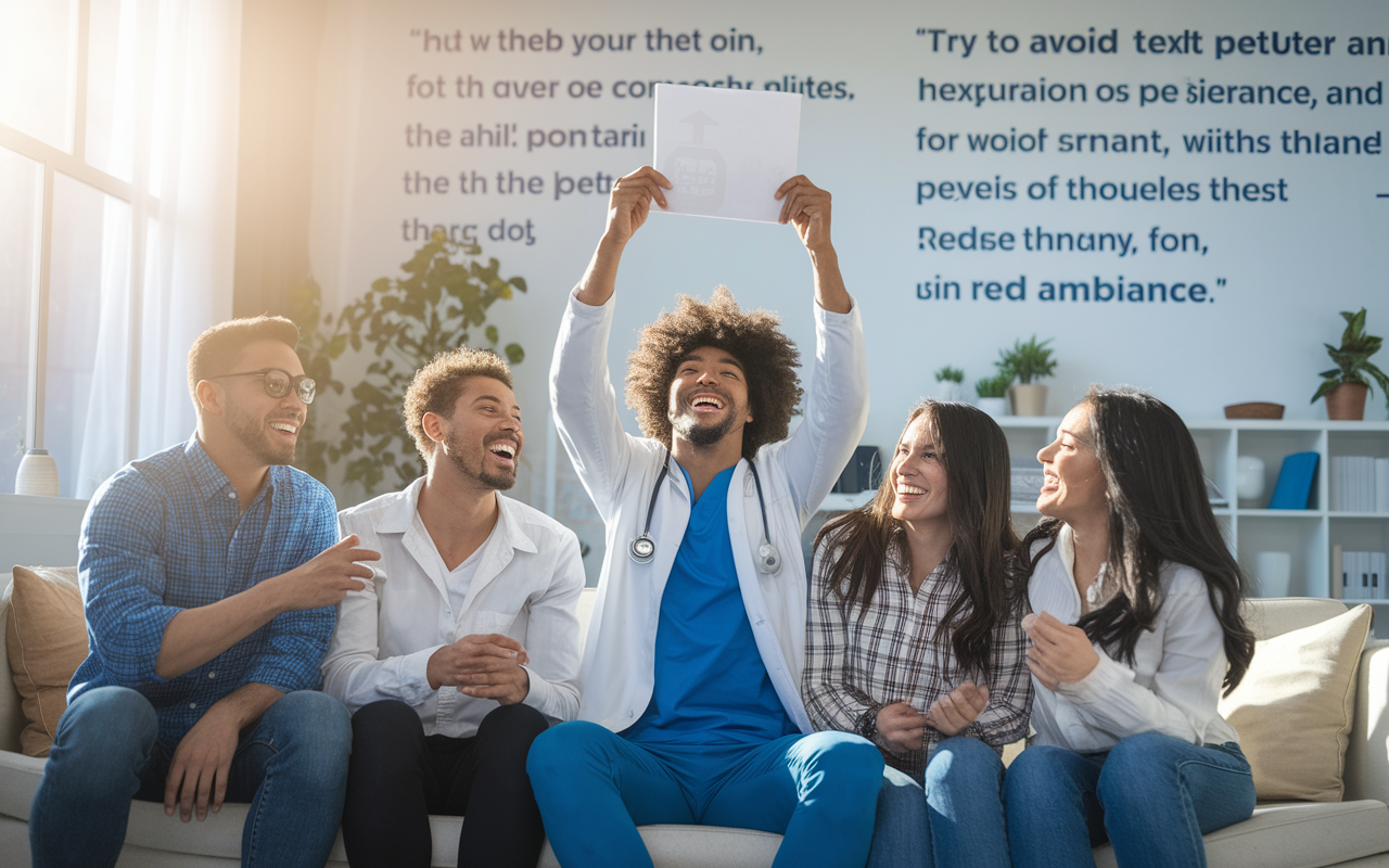 An uplifting scene of a young physician celebrating with family and friends after securing a residency match. They are in a bright living room, surrounded by laughter and joy, holding up a letter of acceptance. The walls are adorned with inspirational quotes and medical degrees, conveying a sense of achievement and shared dreams. Sunlight streams through the windows, creating a warm, hopeful ambiance.