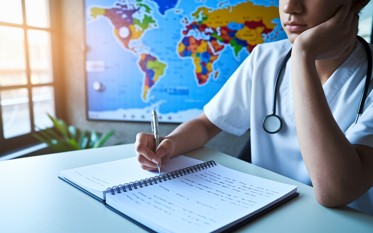 A close-up scene of a young medical student sitting at a table, deep in thought with a notebook filled with ideas and preferences for residency programs. The background shows a world map pinning potential geographical locations. Soft morning light filters through a window, creating a hopeful ambiance, symbolizing future aspirations.