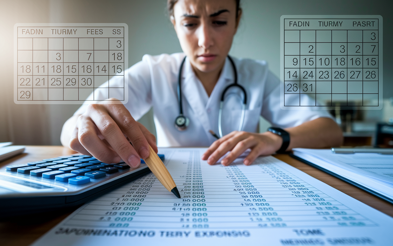 A worried medical student reviewing a budget sheet with application fees, travel costs, and interview expenses written down. There’s a calculator displaying high numbers and a fading calendar in the background, indicating time passing. The lighting is soft but reflective of the stress involved in financial planning for medical residency.