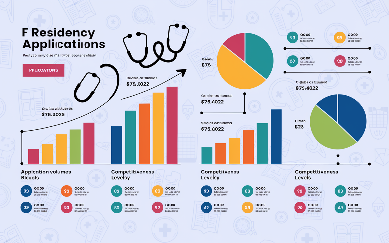 A detailed infographic showcasing statistics of residency applications, featuring bar graphs and pie charts illustrating application volumes by specialty. The background should display a subtle medical-themed pattern, while the infographics are bright and engaging with colors to represent various competitiveness levels. Visual elements like stethoscopes, medical charts, and academic badges are integrated subtly to enhance the theme. Clean and modern design, suitable for an educational presentation.