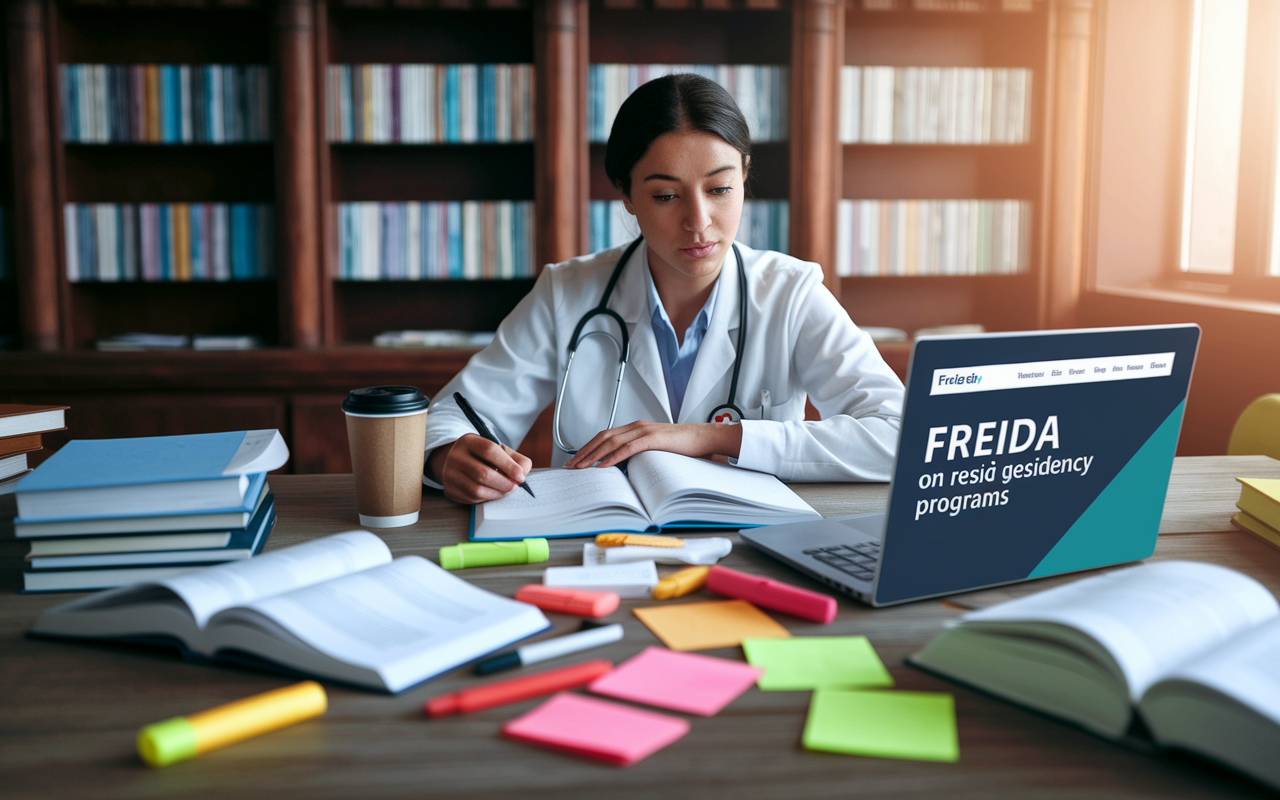 A med student at a library table, surrounded by open books and a laptop displaying the FREIDA website, intently comparing notes on residency programs. The scene has warm, soft lighting that enlivens the learning environment, with scattered highlighters, a coffee cup, and colorful sticky notes for organization. The background shows shelves filled with medical books and a large window casting natural light, adding to the ambiance of scholarly pursuit.