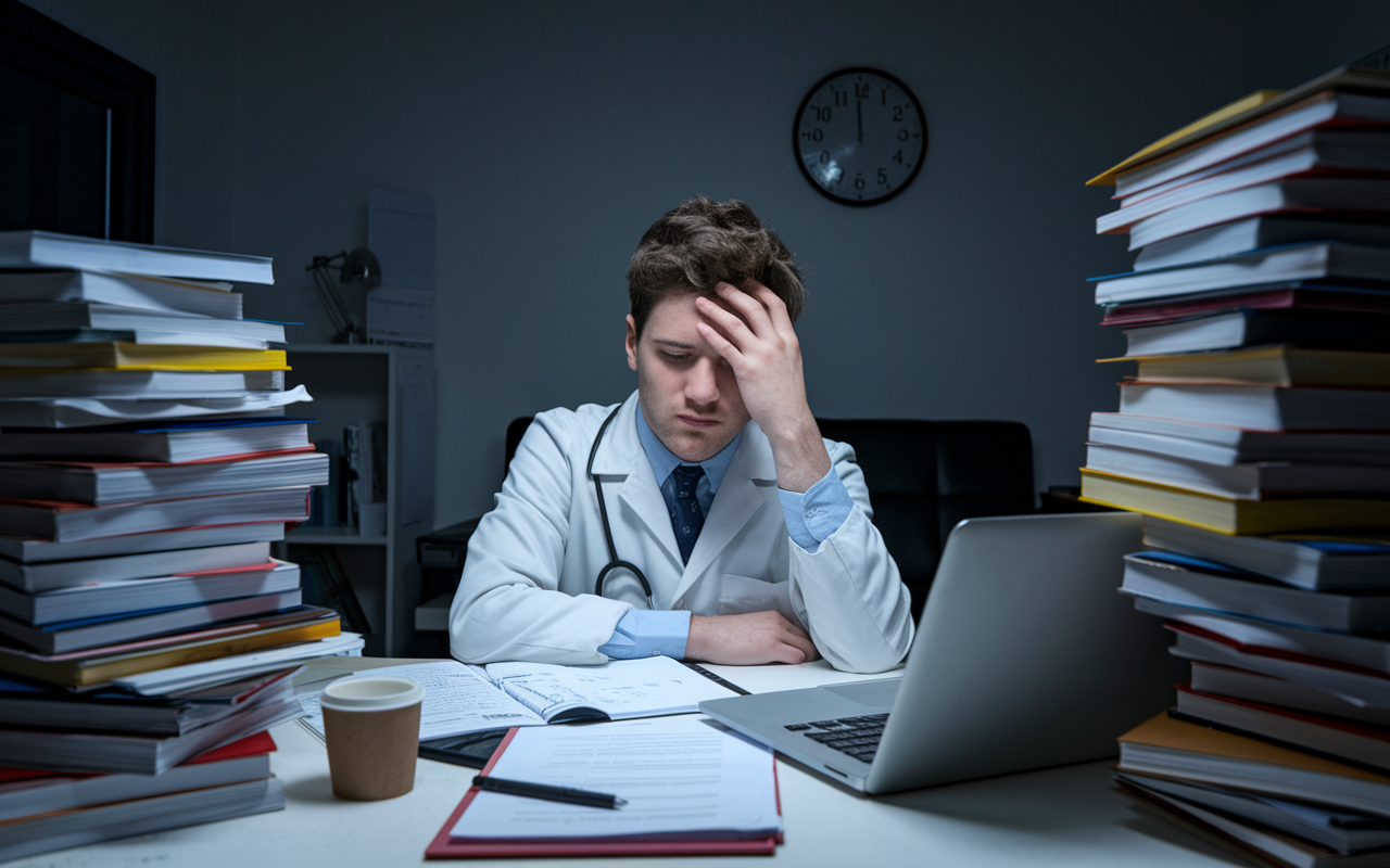 A fatigued medical student sitting at a desk cluttered with application materials, looking overwhelmed with stacks of papers, a laptop with multiple tabs open, and an empty coffee cup. The lighting is dim and the room shows signs of late-night studying, with a wall clock showing a late hour. The mood conveys exhaustion, juxtaposed with determination, reflected in the student's expression.