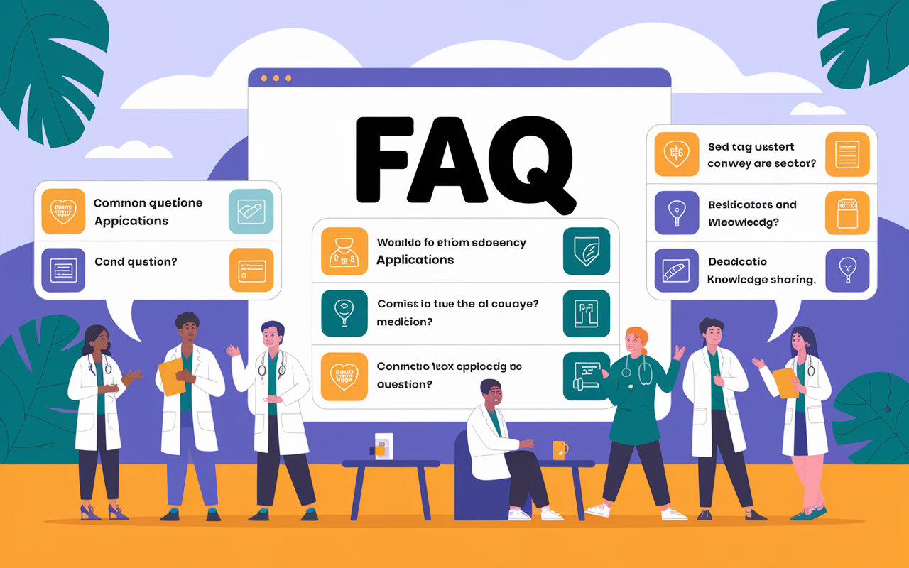 A visually engaging FAQ layout on a digital screen, showcasing common questions regarding residency applications. Icons related to medicine and education are displayed next to each question. The background is bright and modern with illustrations of medical students discussing and collaborating, symbolizing knowledge sharing. Clean layout with vibrant colors to attract attention and convey readiness for answers.