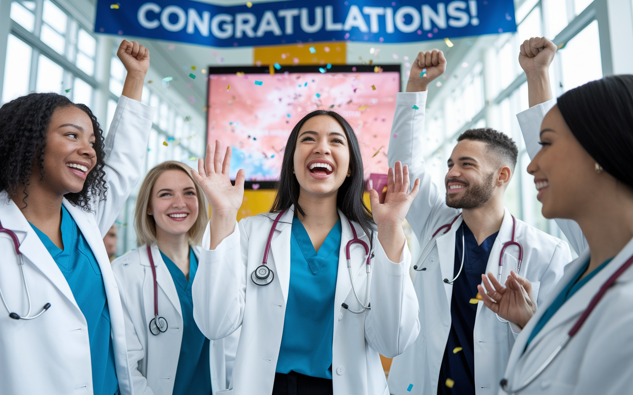 A joyful medical graduate celebrating with peers after receiving residency match results, with smiles, cheers, and confetti in a bright, festive atmosphere. The background shows a banner with 'Congratulations!' and a large screen displaying the match results, creating an atmosphere of achievement and hope. The colors are vibrant and warm, reflecting the excitement and camaraderie of this milestone.