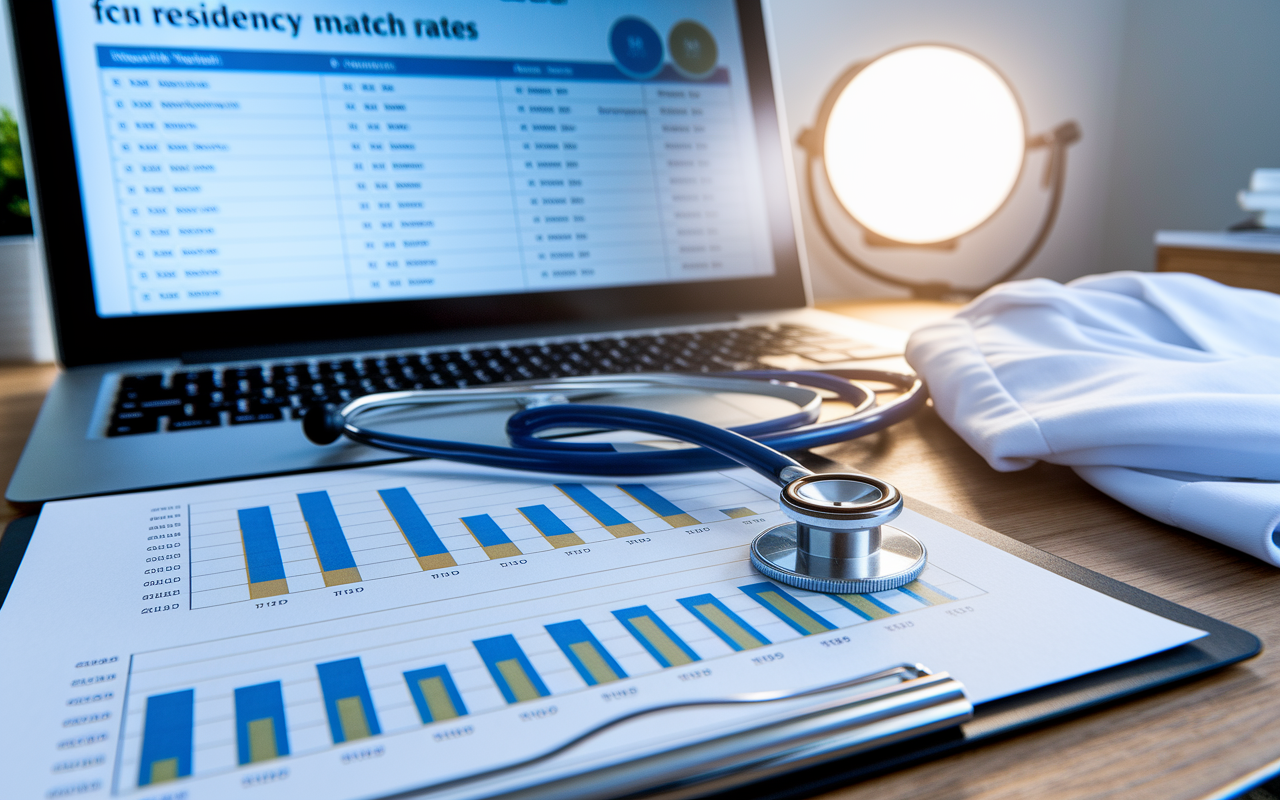 An organized desk with charts and graphs showing the competition levels for various medical specialties. The background includes a computer screen displaying a report on residency match rates. A stethoscope and a white coat are neatly placed beside the desk, symbolizing the medical profession. The overall atmosphere is that of insightful analysis, with a bright light illuminating the desk, suggesting proactive preparation.