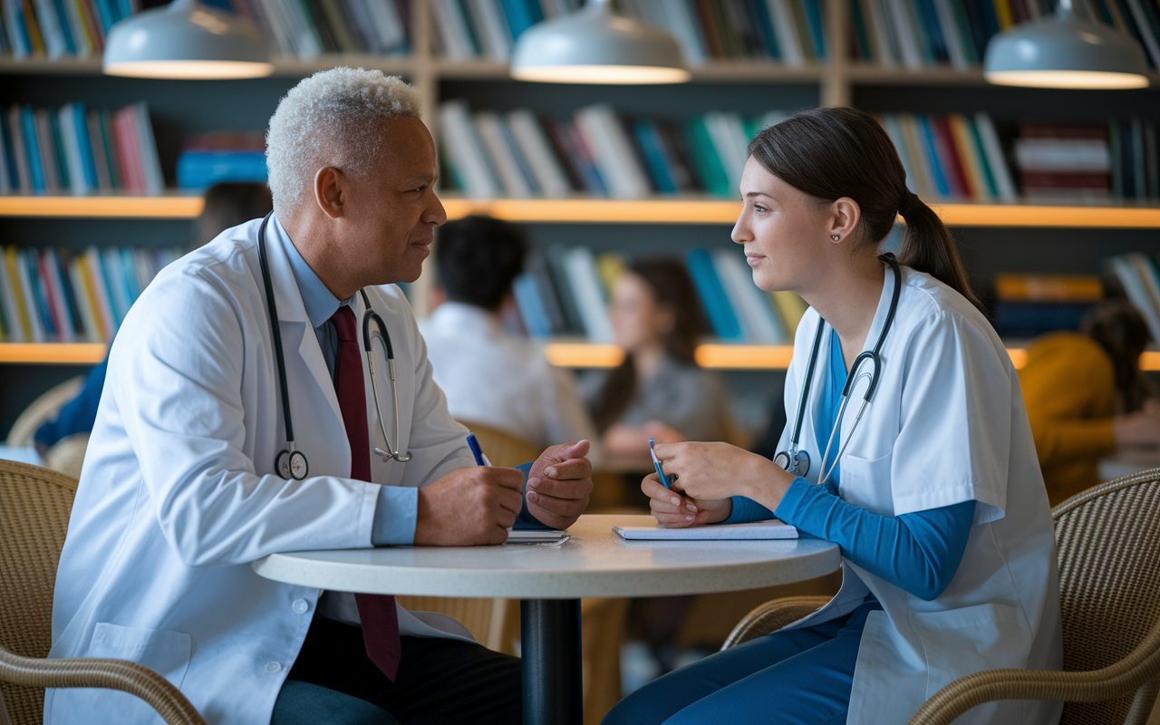 A mentor and mentee sitting at a café table, engaged in an insightful discussion about residency applications. The mentor, a seasoned physician, is sharing experiences and advice, while the mentee, a young medical student, takes notes eagerly. The café is warm and inviting, with soft lighting, and shelves of medical books in the background, creating a scholarly yet relaxed atmosphere.