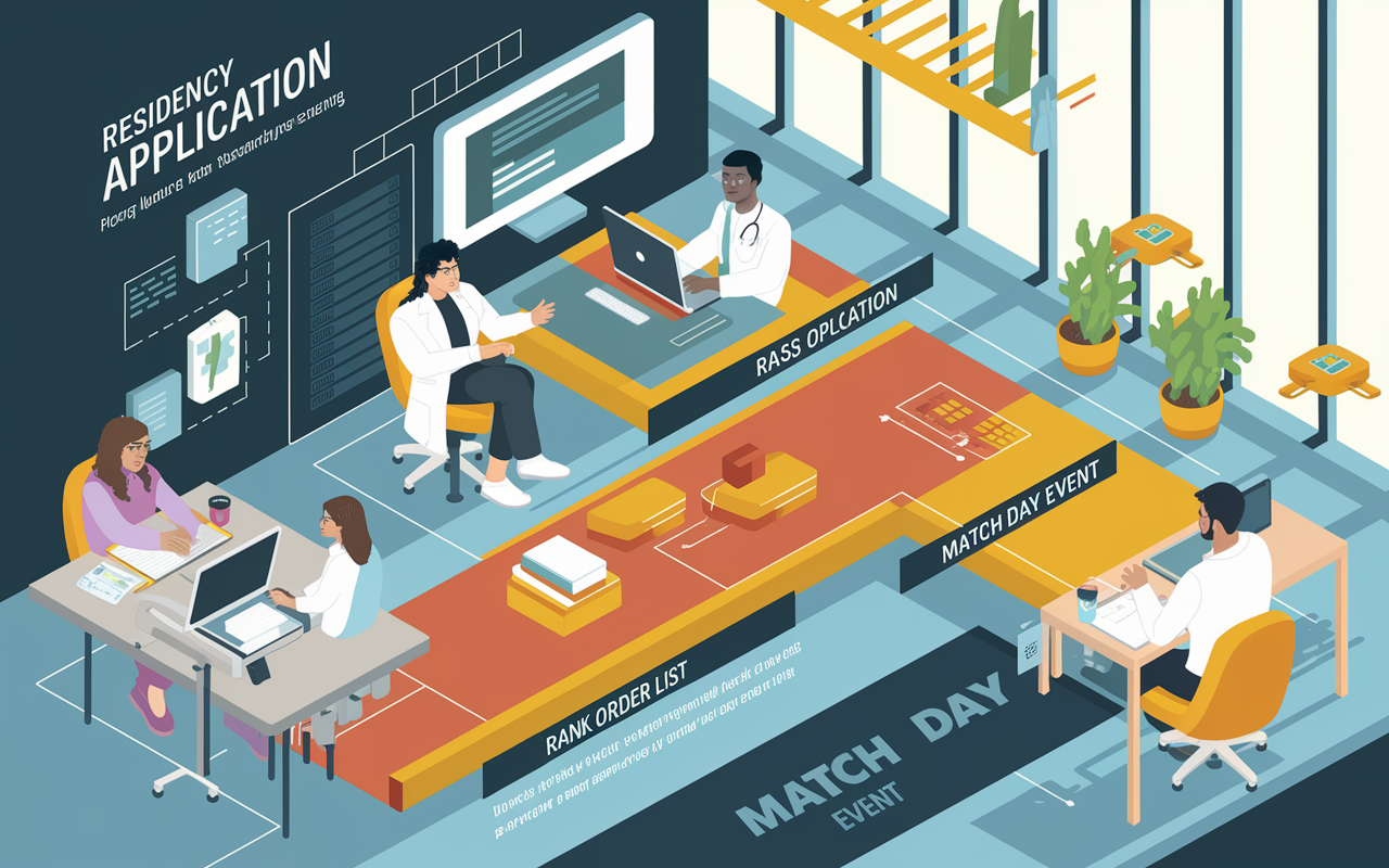 An intricate visualization illustrating the Residency Match process: a flowchart showcasing 'ERAS Application', 'Rank Order List', and 'Match Day Event'. In the background, students are shown working at computers and engaging in discussions in a modern environment, surrounded by medical books and applications. Use vibrant colors and clear icons to symbolize each step, infusing a sense of clarity and progression with bright, natural daylight streaming through windows.