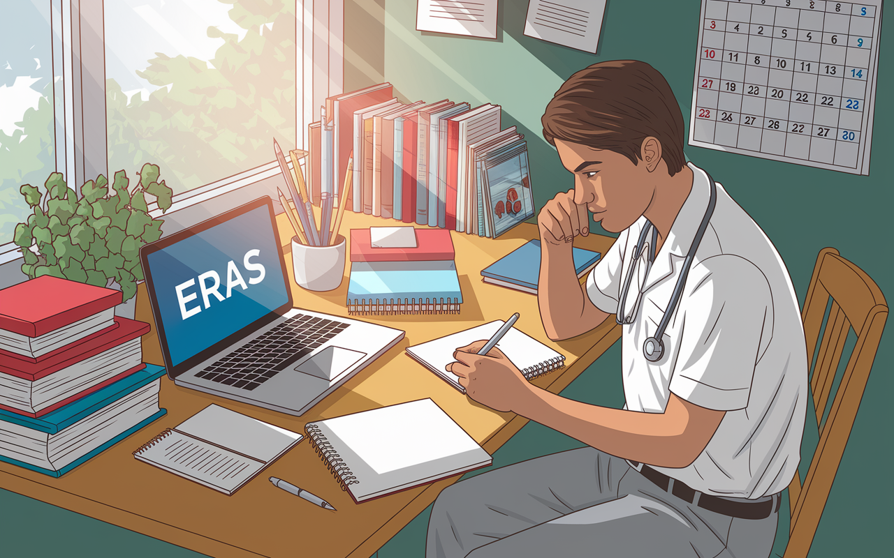 An organized workspace in a cozy study room where a medical student is deep in thought, surrounded by textbooks, notes, and a laptop open to the ERAS application. The sunlight filters through the window, creating a warm and inviting atmosphere. A calendar marked with important dates hangs on the wall. The student is depicted in comfortable clothing, holding a pen and jotting down notes. A sense of determination and focus shines in their expression.