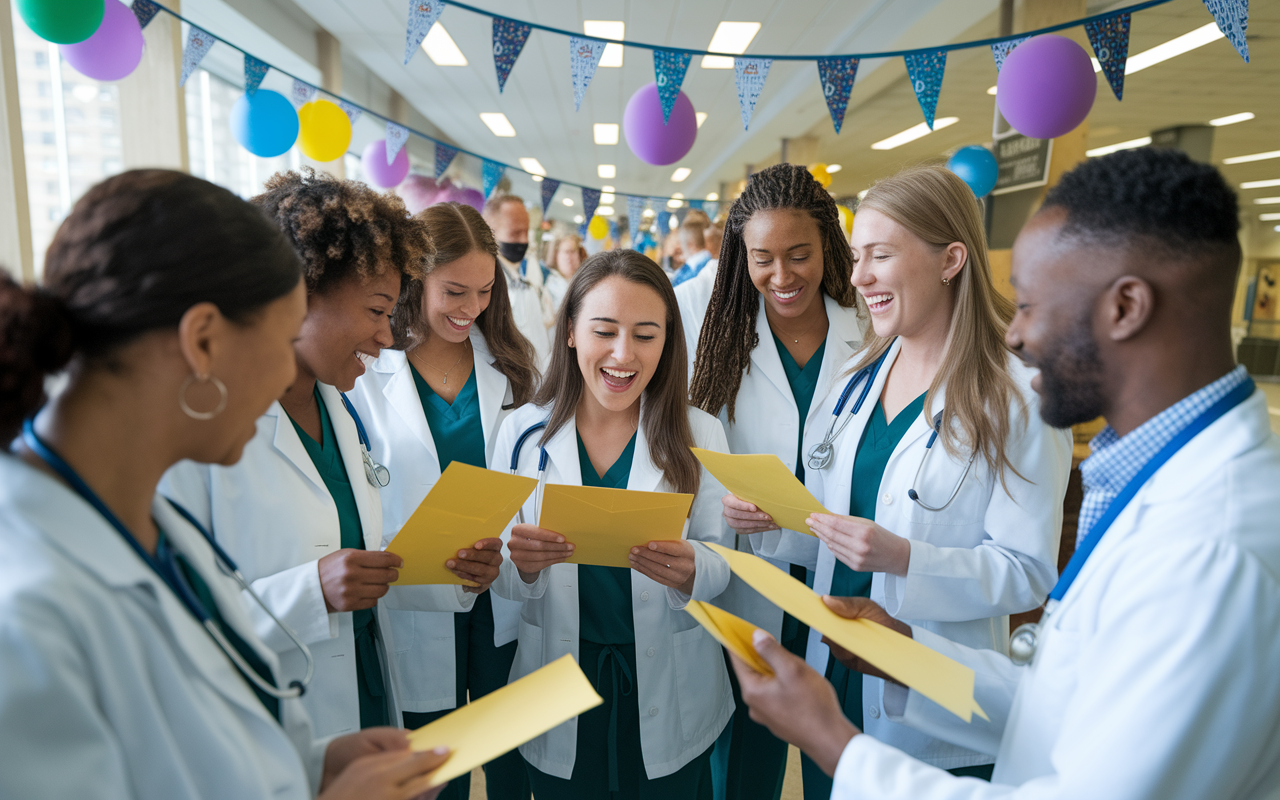 A lively Match Day event where groups of medical students are together, eagerly opening envelopes and sharing their results. The excitement is palpable, faces lit up with joy and surprise. Decorations like banners and balloons create a celebratory atmosphere, while faculty members are seen congratulating students. Bright, cheerful lighting enhances the mood, encapsulating the thrill of new beginnings.