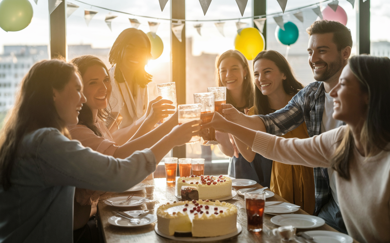 A joyful celebration scene featuring a group of new residents and their families, enjoying a festive gathering with cake and beverages. They are laughing, toasting to their future, and sharing heartfelt moments. Balloons and decorations fill the space, conveying a spirit of achievement. Golden hour lighting casts a warm glow, creating an atmosphere of gratitude and triumph, symbolizing the exciting next phase of their medical journey.