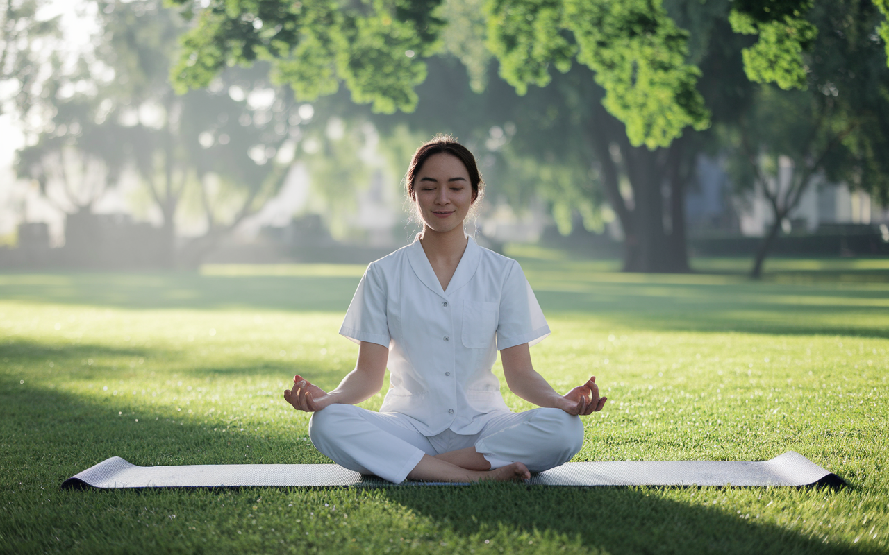 A serene scene of a medical student sitting cross-legged on a yoga mat in a sunny, tranquil park during the early morning, engaged in meditation. Surrounding greenery creates a peaceful atmosphere, with soft daylight filtering through the leaves. The student is in a state of calm, with a gentle smile, symbolizing mindfulness and relaxation techniques to combat Match Day anxiety.