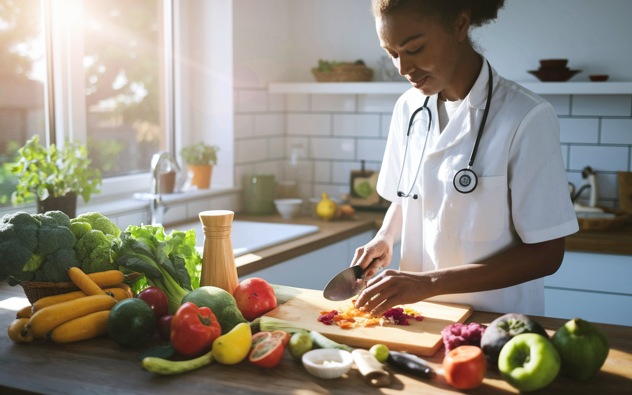 A vibrant kitchen scene where a medical student prepares a wholesome meal, surrounded by fresh vegetables and fruits, symbolizing a balanced diet. Sunlight streams through the window, illuminating the cook's focused face as they chop ingredients, showcasing the importance of nutrition and wellness in managing anxiety before Match Day.