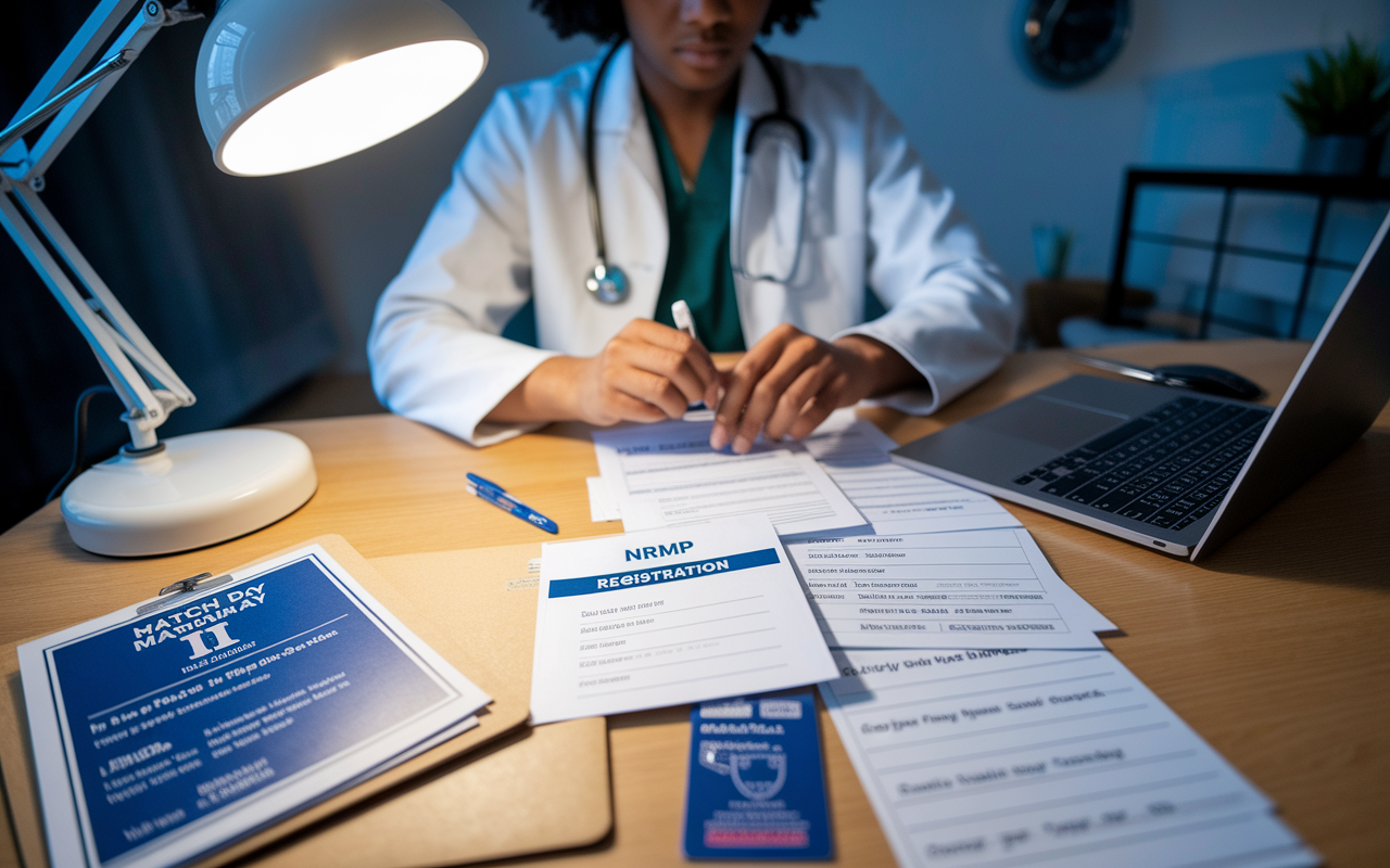 A focused medical student sitting at a desk, meticulously organizing essential Match Day documents. The desk is cluttered with a valid ID, a printout of the NRMP registration, a list of specialty choices, and a laptop displaying the NRMP portal. The atmosphere is one of determination, with a soft glow of a desk lamp illuminating the space, while a clock in the background indicates the passing days before Match Day.