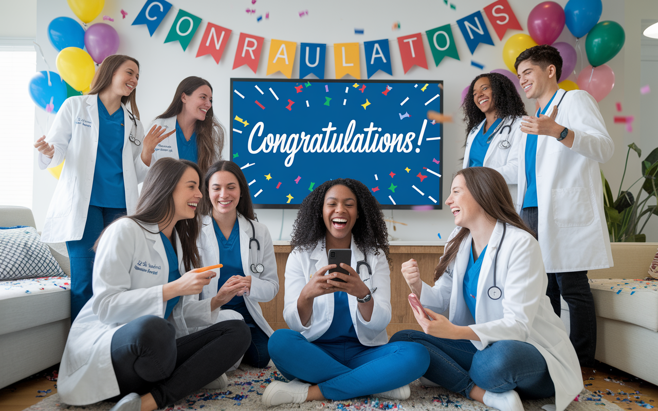 A joyful scene of medical students in a living room decorated with colorful balloons and motivational banners celebrating Match Day. They are gathered around a large screen displaying 'Congratulations!' with one student holding their phone in excitement after receiving their Match results. The room is filled with laughter, confetti, and signs of celebration, capturing the moment of camaraderie and victory.