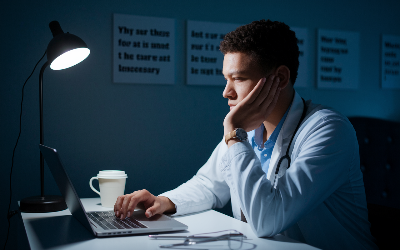 A medical student sitting at a desk, anxiously logging into the NRMP website to check their Match results. The room is dimly lit with a single light illuminating their face, reflecting a blend of nervousness and hope. A cup of coffee sits beside the laptop, and motivational quotes are visible on the wall, capturing the gravity of this moment.