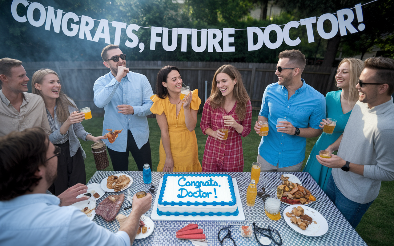 A vibrant post-Match Day celebration in a backyard, with friends and family gathered around a barbecue. Everyone is enjoying food and drinks, with laughter and cheers filling the air. A large banner reads 'Congrats, Future Doctor!' while a medical-themed cake sits on a table decorated with stethoscopes and syringes, symbolizing both celebration and camaraderie.