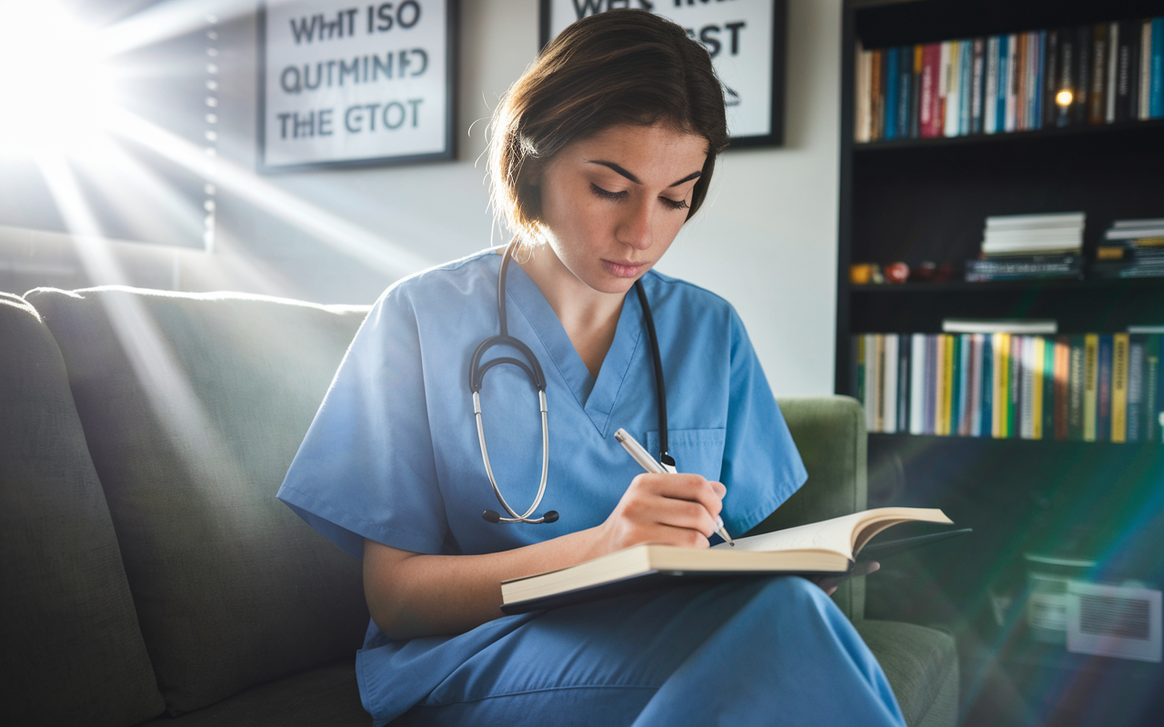 An introspective medical student in casual attire, sitting on a cozy couch with a journal in hand, writing down their thoughts and interests. Sunlight streams through the window, enhancing the serene atmosphere where they reflect on their journey in medicine. The surroundings include motivational quotes on the wall and a bookshelf filled with medical literature, creating a warm and contemplative environment.