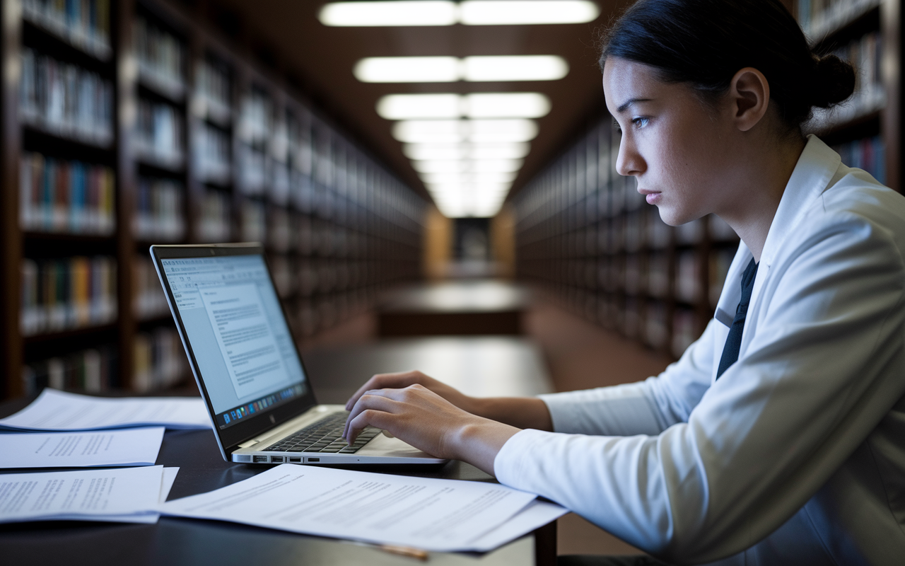 A focused medical student typing on a laptop at a library desk, illuminated by soft, focused lighting. The screen displays an open document where they are crafting a personal statement. Papers scattered around include notes and outlines. The environment is quiet, with rows of bookshelves in soft focus, adding to the atmosphere of concentration and seriousness.