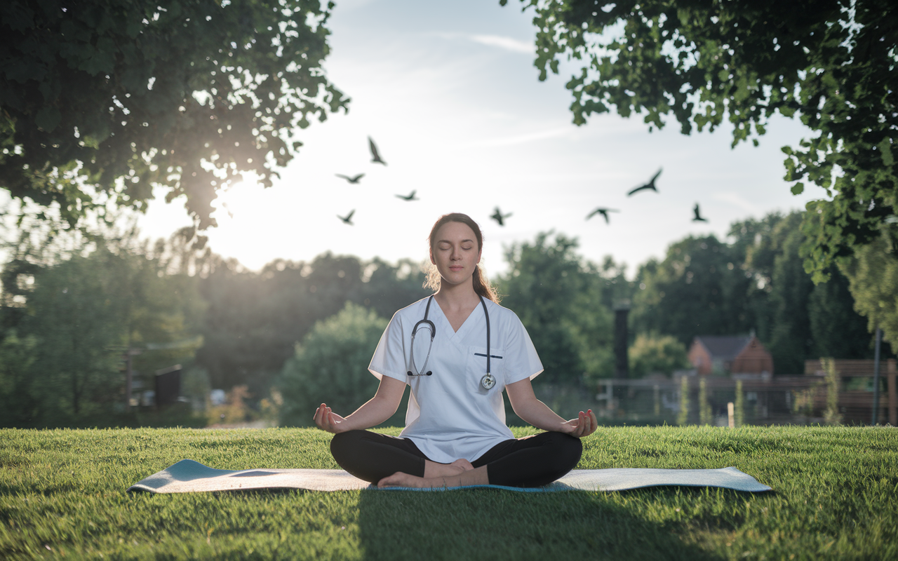 A serene outdoor setting with a medical student practicing yoga on a grassy area, surrounded by nature. The evening sun casts a warm glow, and the student appears calm and centered. Lush trees frame the background, and birds can be seen flying in the sky, conveying tranquility and clarity of mind.