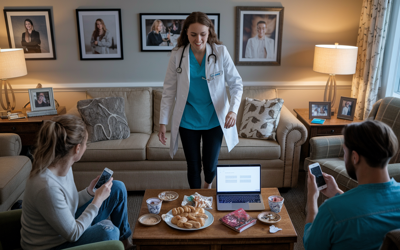 A montage scene showing a medical student pacing nervously in a cozy living room filled with photographs of family and friends, snacks laid out on the table, and a laptop ready to log in for match day results. The room is warmly lit, capturing a mix of excitement and trepidation, as another friend checks their phone for updates.