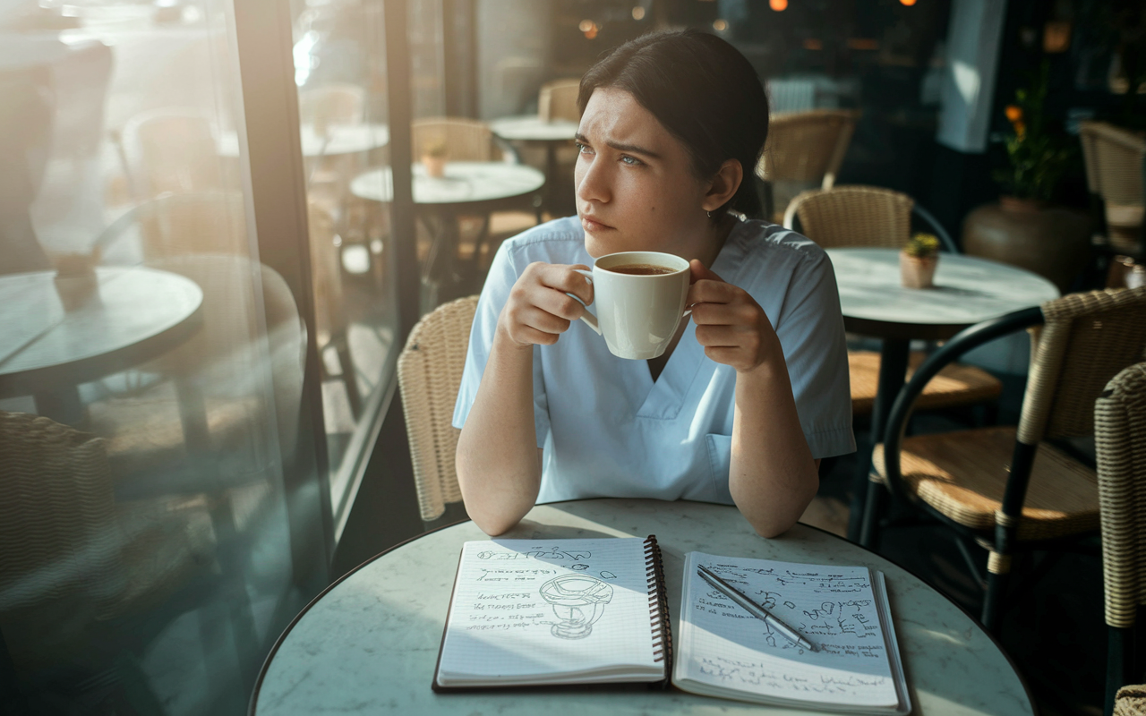 A contemplative medical student sitting alone at a café table, staring blankly out the window with a coffee cup in hand, reflecting on an unexpected Match Day outcome. The café has a warm ambiance, with sunlight streaming through, casting soft shadows. The student has a mix of disappointment and hope on their face, surrounded by a notebook filled with scrawled notes and diagrams about different specialties. The surrounding scene is cozy, depicting warmth amid uncertainty. Soft-focus background with café elements to enhance the mood.