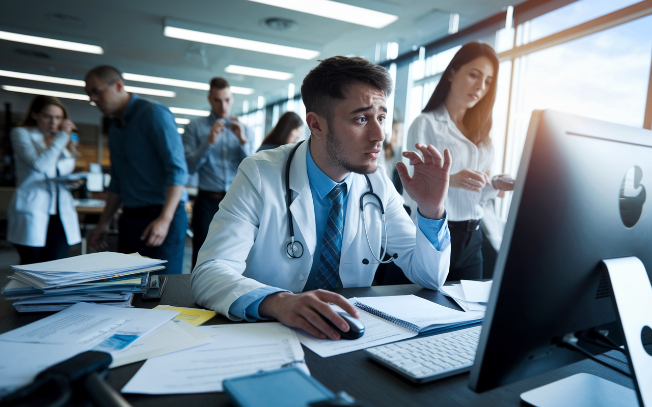 A medical student in a bustling university office, looking at a computer screen with a concerned expression due to technical glitches related to Match Day. Surroundings feature papers scattered around, a phone ringing, and colleagues in the background appearing focused yet anxious. The lighting is bright, with a hint of urgency, showcasing the stress and unpredictability of the day. The atmosphere invokes a sense of pressure while maintaining a lively educational environment.