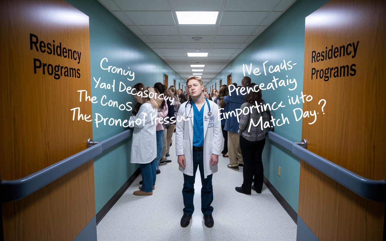 A medical student standing between two doors labeled with different residency programs, looking uncertain and contemplative. The scene captures the moment of decision-making, with a visual representation of pros and cons written in the air around them. The corridor is somber yet well-lit, enhancing the sense of pressure and the importance of the moment. Behind the student, peers can be seen supporting each other, contributing to the communal emotional environment on Match Day.