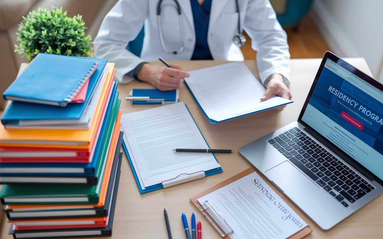 An organized desk filled with color-coded folders, medical documents, and a laptop open to a residency program's website. A medical student, focused and determined, is preparing for their new residency. The lighting is bright and inviting, conveying a sense of readiness and organization. The desk is set in a home environment, with a plant and study materials, illustrating a calm yet prepared atmosphere for tackling the future.