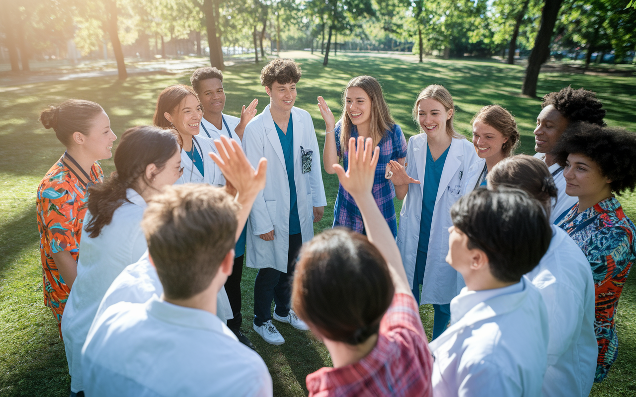 A lively scene of medical students gathered around in a circle in a park, sharing experiences and information about their Match Day outcomes. Some students are animatedly discussing their placements, while others are offering supportive gestures like hugs or high fives. The environment is natural, filled with trees and sunlight, creating a warm, encouraging feeling of camaraderie among future doctors. Colorful clothes add vibrancy to the scene.