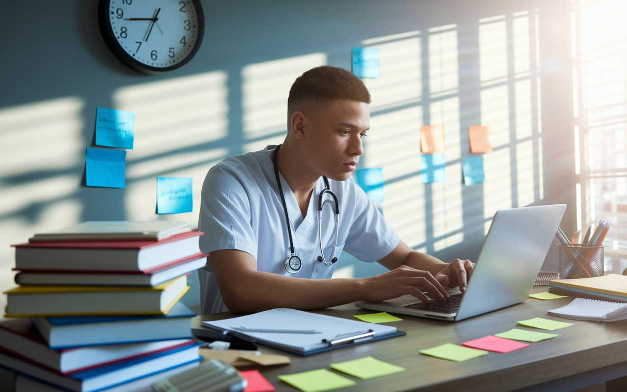 A medical student engaged in research on a laptop, preparing for their residency orientation. The desk is cluttered with notes and textbooks about their new program, and post-it notes with reminders are visible. A wall clock indicates the time, with sunlight flooding in, creating a sense of urgency and importance in preparing for the future. The atmosphere reflects dedication and focus.