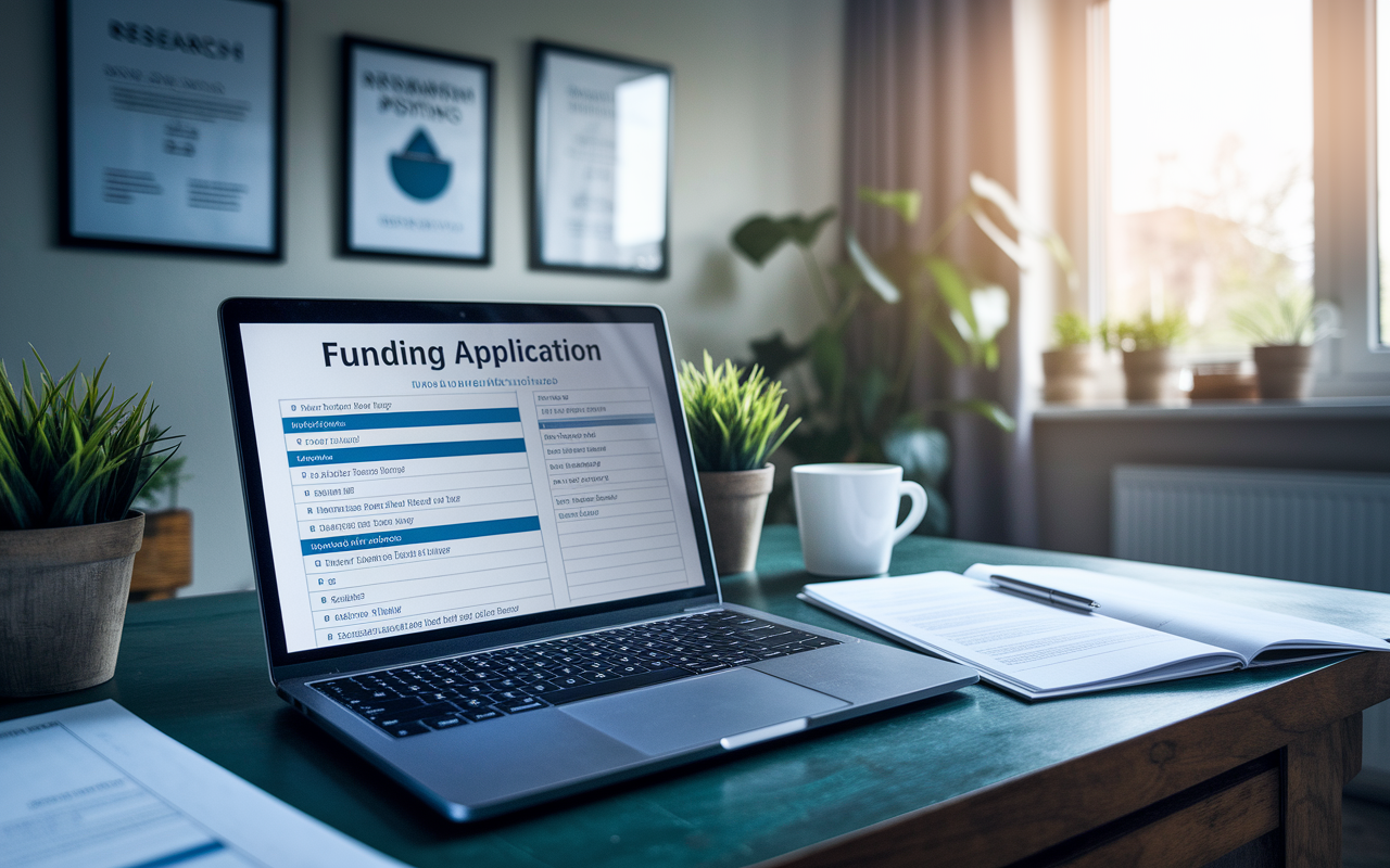 An open laptop on a wooden desk displaying a detailed funding application with papers and a coffee cup beside it. The setting is a cozy home office decorated with plants and framed research posters. Soft morning light streams through a window, creating a calm yet motivated atmosphere for grant writing. The laptop screen shows an outline of a research proposal, with highlighted sections reflecting critical funding criteria.