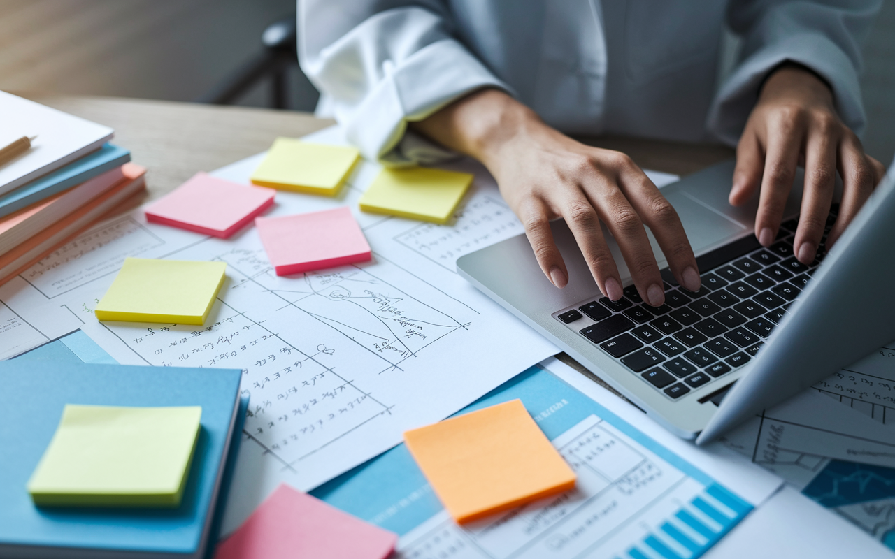 A close-up view of a researcher’s hands typing on a laptop, surrounded by colorful sticky notes and reference books. The desk is covered in sketches and graphs related to a medical study, symbolizing the hard work and creativity involved in writing a research proposal. Soft overhead lighting creates an inspiring ambiance, showcasing the dedication to precision and clarity in academic writing.