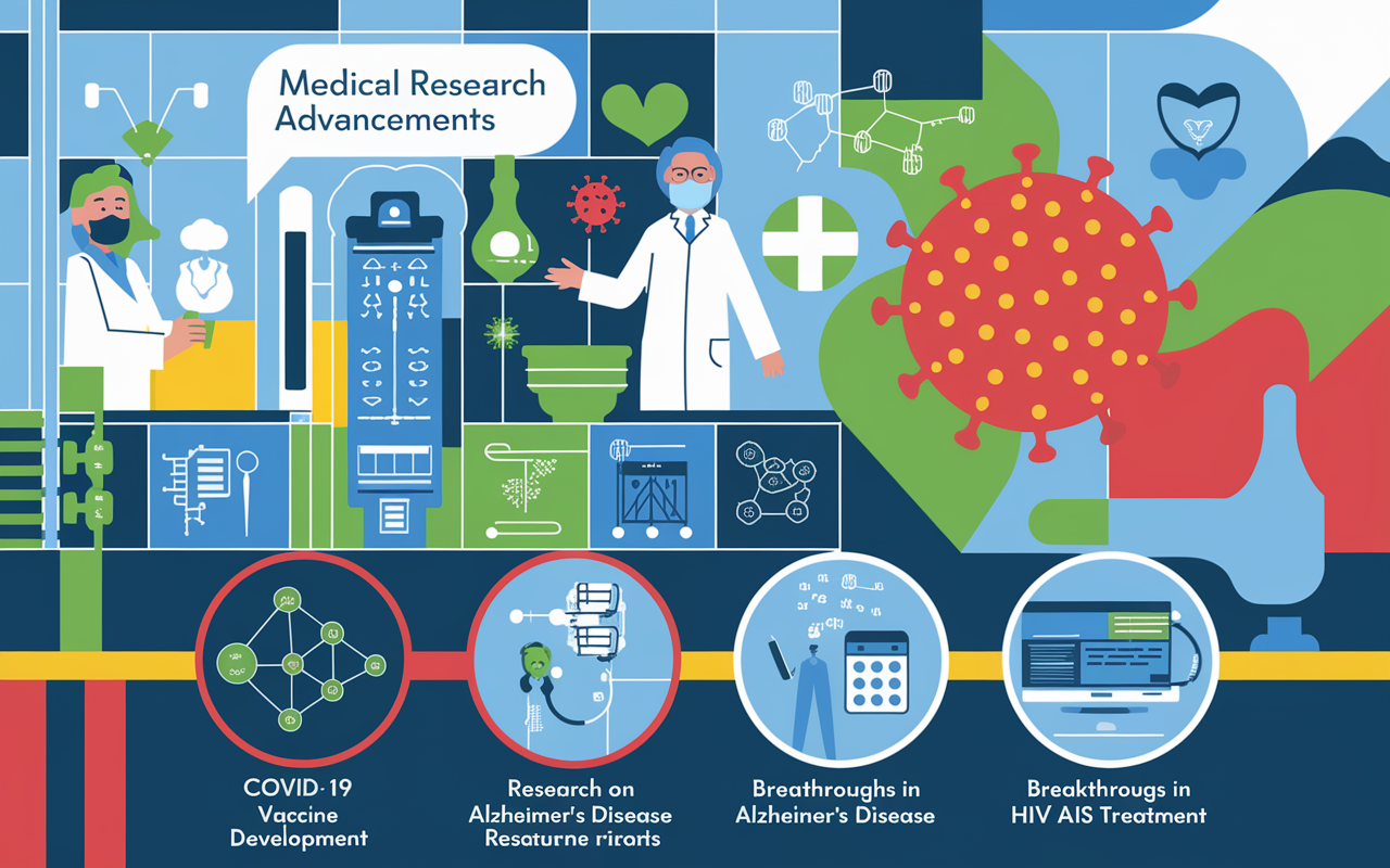 A vibrant graphic representation of key medical research advancements, including a visual timeline with images of COVID-19 vaccine development, research on Alzheimer’s disease, and breakthroughs in HIV/AIDS treatment. The backdrop features a collage of laboratory settings and clinical trials, showcasing the impact of grants on real-world healthcare improvements. Bright colors and dynamic shapes symbolize innovation, hope, and progress.