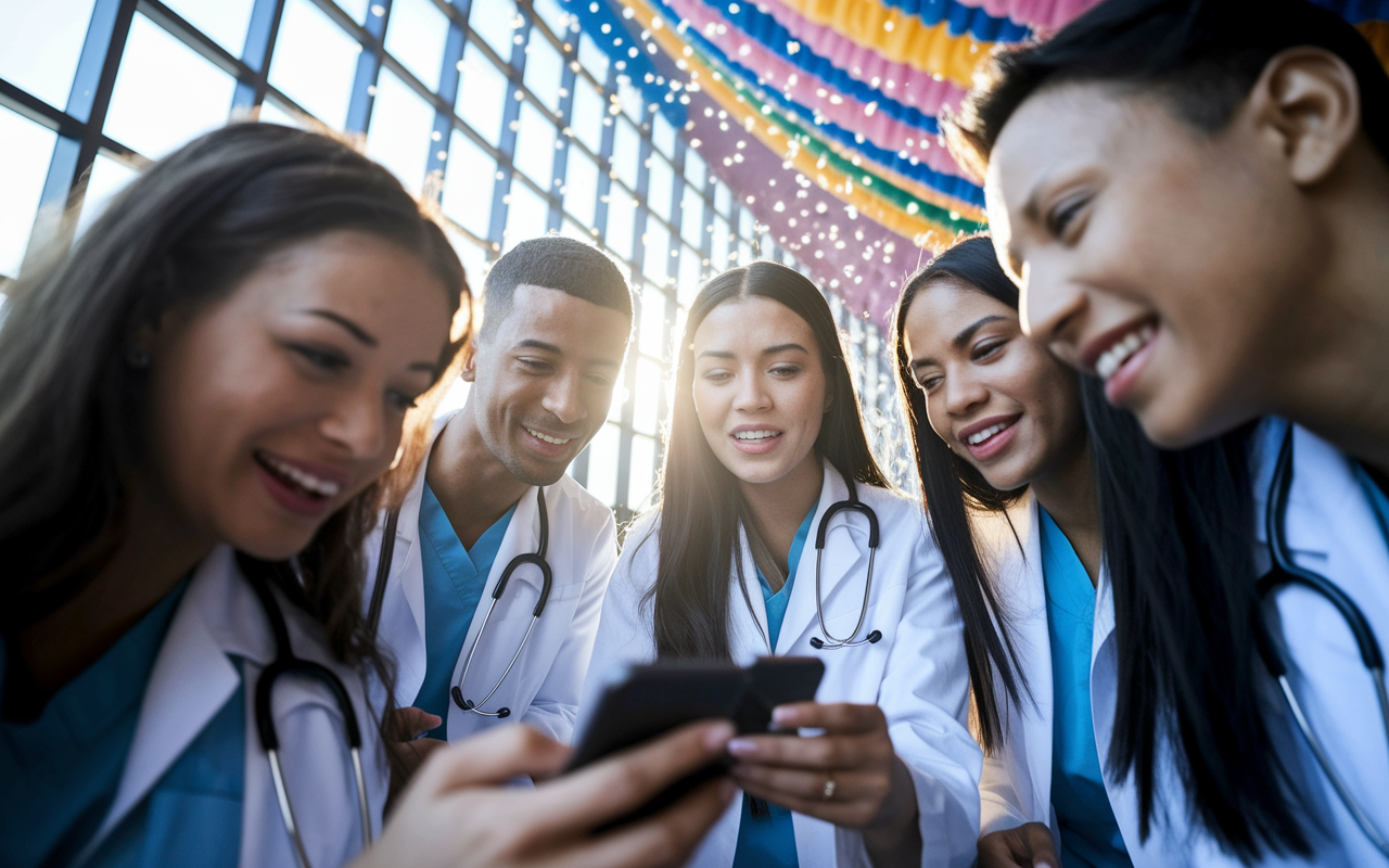 A close-up shot of a group of medical students gathered anxiously around a smartphone, eagerly waiting for their Match Day results. The expressions on their faces are a mix of hopefulness and stress. The background shows the colorful decorations and celebratory atmosphere of the university, with confetti falling gently. The sunlight filters in through the large windows, casting a warm glow on their faces, encapsulating the excitement of a life-changing moment.