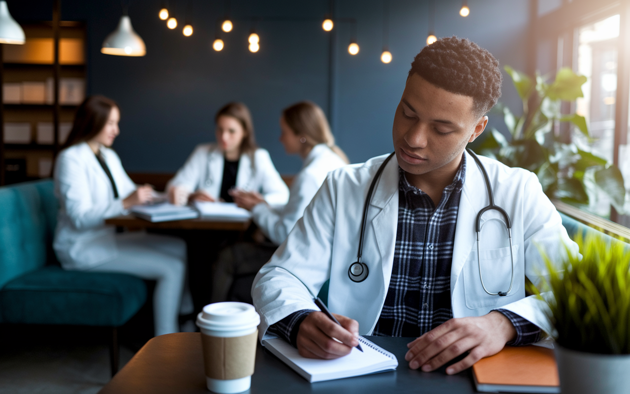 A focused medical student sitting in a cozy corner of a cafe, writing in a gratitude journal with a thoughtful expression. In the background, other students are engaged in discussions or studying, with soft ambient lighting creating a warm atmosphere. The coffee cup beside them, a few medical textbooks, and a leafy plant on the table enhance the scene, emphasizing a moment of self-reflection amidst the pre-Match Day chaos.