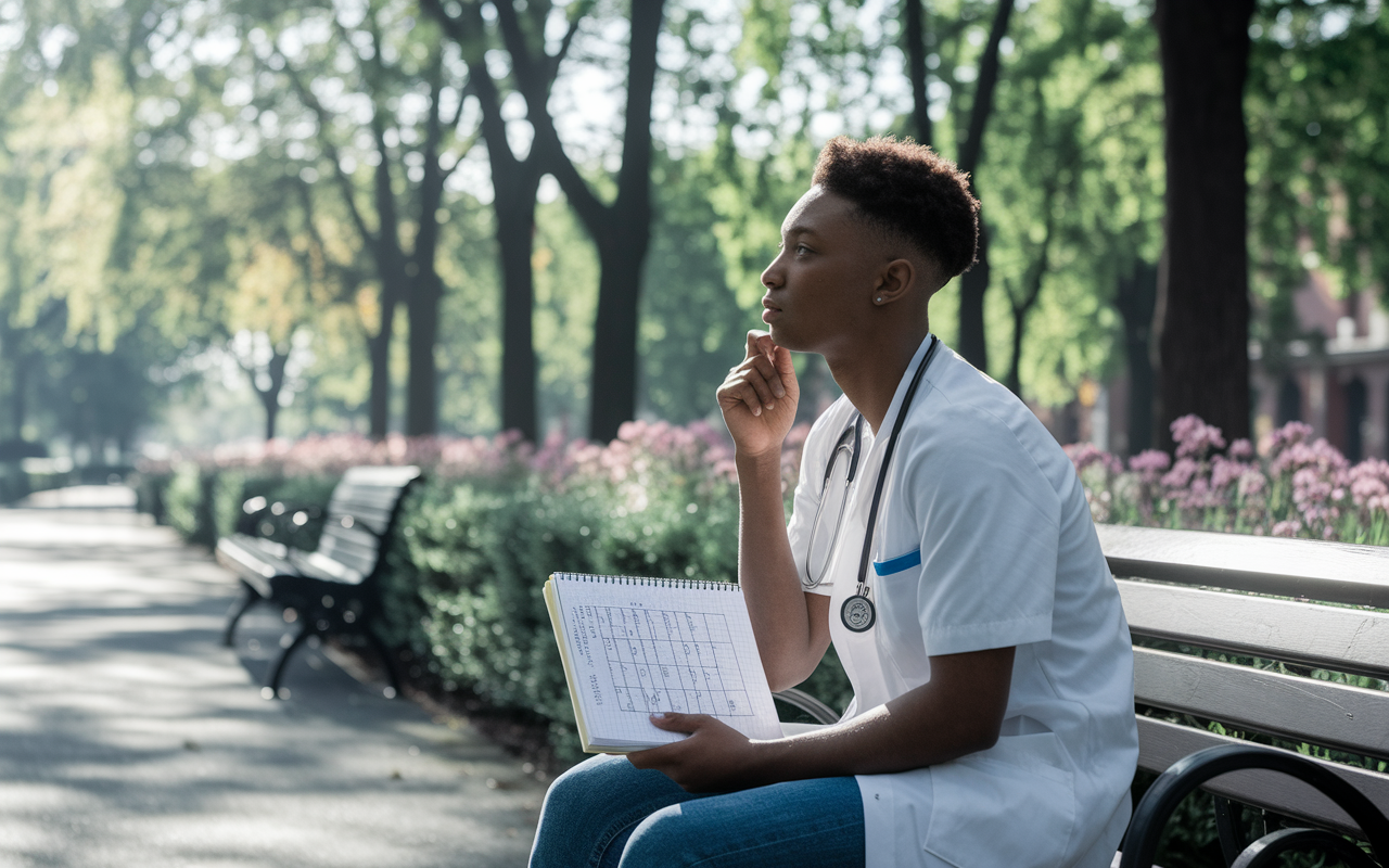 A contemplative medical student sitting on a park bench, gazing thoughtfully into the distance as they ponder different possible outcomes of Residency Match Day. The park is serene with blooming flowers and tall trees, providing a peaceful backdrop for reflection. The sunlight filters through the leaves, casting soft shadows and creating a hopeful atmosphere. The student holds a notebook with various career paths and options sketched out.