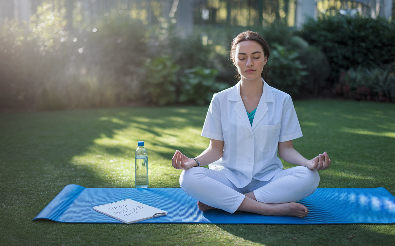 A tranquil scene of a medical student practicing mindfulness in a peaceful garden, seated cross-legged on a yoga mat with soft sunlight filtering through the trees. The student has closed eyes, a serene expression, and is surrounded by calming nature sounds. Nearby, an open notebook lays with self-care tips, and a water bottle, emphasizing the importance of mental well-being in the lead-up to Match Day.